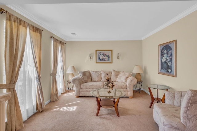 living room featuring light carpet and ornamental molding