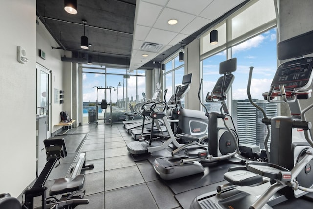 exercise room with a drop ceiling, expansive windows, and a healthy amount of sunlight