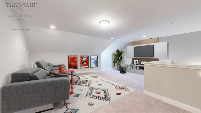 living room with vaulted ceiling and light carpet