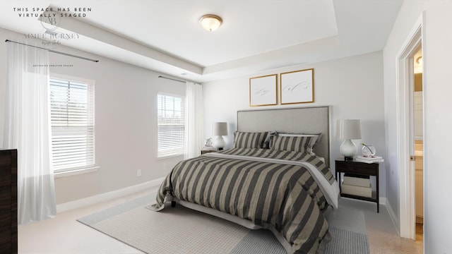 carpeted bedroom with a raised ceiling