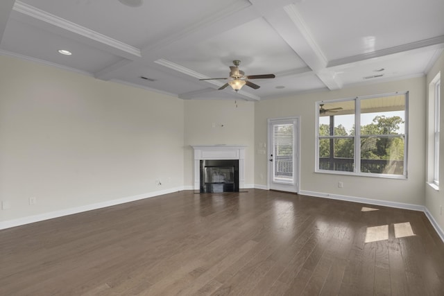 unfurnished living room with coffered ceiling, crown molding, ceiling fan, beam ceiling, and dark hardwood / wood-style flooring