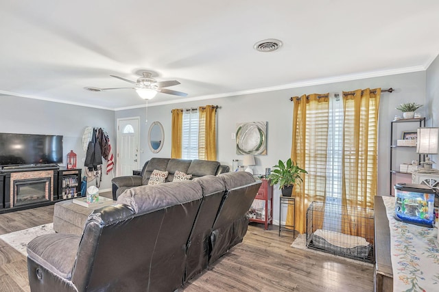 living room with hardwood / wood-style flooring, ceiling fan, and ornamental molding