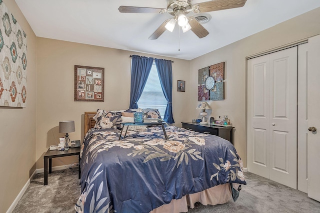 bedroom with carpet flooring, ceiling fan, and a closet