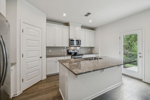 kitchen with white cabinetry, sink, a kitchen island with sink, and appliances with stainless steel finishes