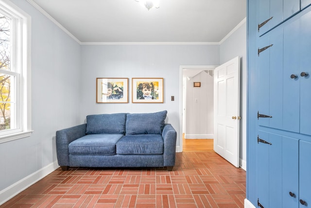 living area with ornamental molding