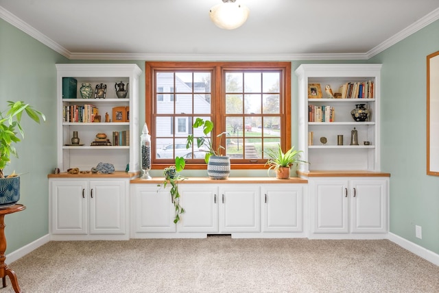 unfurnished room with crown molding and light carpet