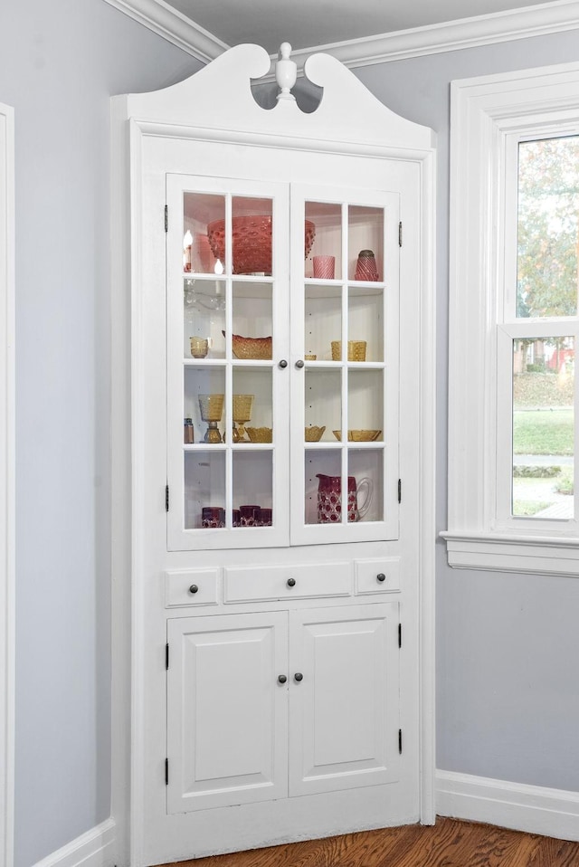 doorway featuring hardwood / wood-style floors and ornamental molding