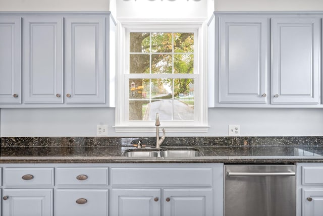 kitchen featuring dark stone countertops, white cabinetry, dishwasher, and sink