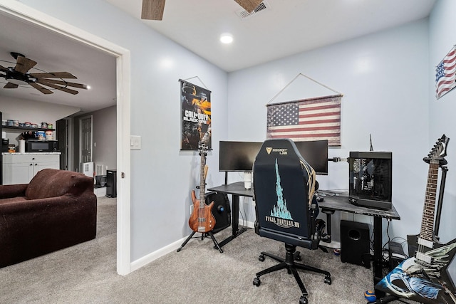 carpeted home office with a ceiling fan, recessed lighting, visible vents, and baseboards