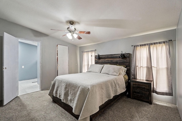 bedroom featuring a textured ceiling, carpet floors, and multiple windows