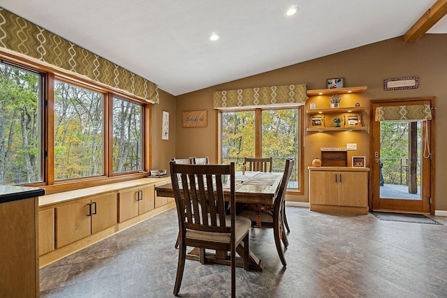 dining area featuring recessed lighting and vaulted ceiling with beams