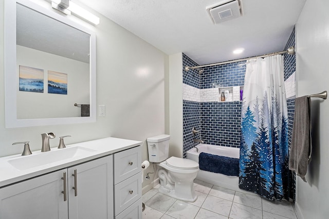 full bath featuring visible vents, toilet, marble finish floor, shower / bathtub combination with curtain, and vanity