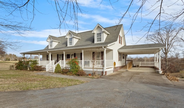 cape cod house featuring a front lawn, covered porch, and a carport