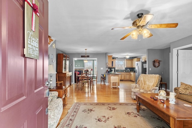 living room with ceiling fan and light hardwood / wood-style flooring