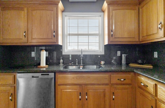 kitchen with dishwasher, tasteful backsplash, dark stone counters, and sink