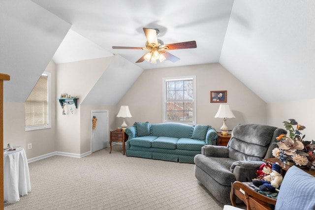 living room featuring light carpet, ceiling fan, and lofted ceiling