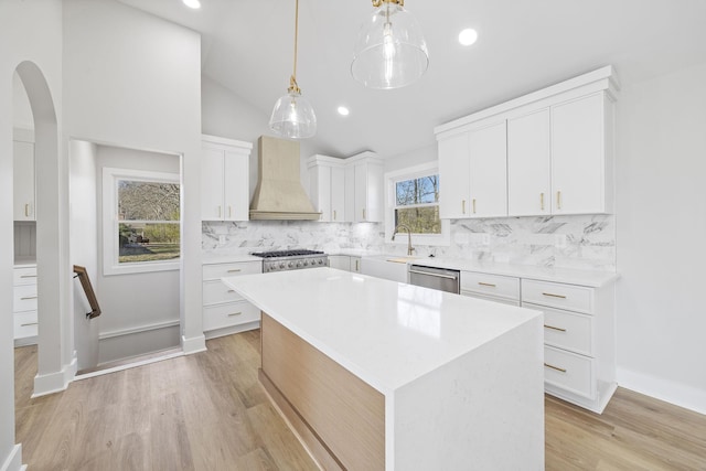 kitchen featuring premium range hood, a kitchen island, stainless steel dishwasher, and light wood finished floors