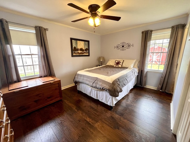 bedroom with ceiling fan, crown molding, and dark hardwood / wood-style floors