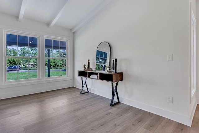 office space with beam ceiling, light hardwood / wood-style flooring, and a wealth of natural light