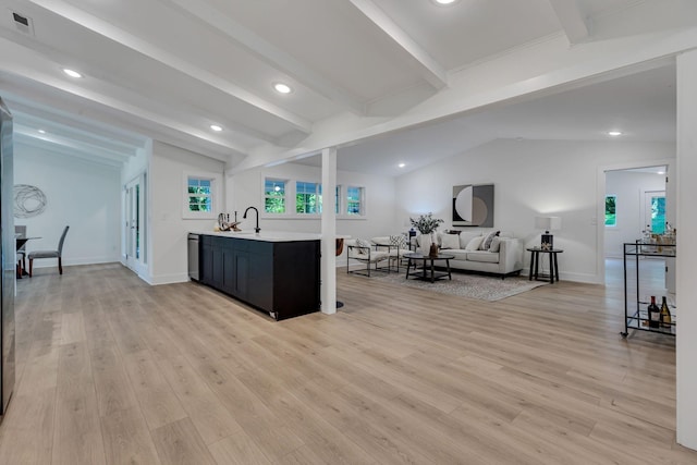 kitchen with dishwasher, sink, light hardwood / wood-style flooring, vaulted ceiling with beams, and kitchen peninsula