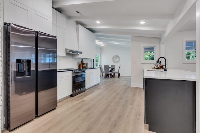 kitchen with sink, electric range, white cabinets, stainless steel fridge with ice dispenser, and vaulted ceiling with beams