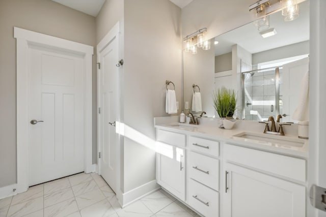 bathroom featuring vanity and an enclosed shower