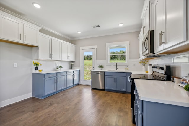 kitchen featuring stainless steel appliances, sink, blue cabinetry, dark hardwood / wood-style floors, and white cabinetry