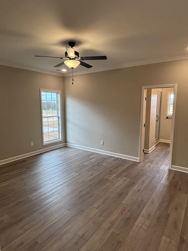 spare room featuring ceiling fan, ornamental molding, and dark hardwood / wood-style flooring