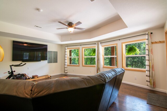 living room featuring a raised ceiling, a healthy amount of sunlight, and dark wood-type flooring