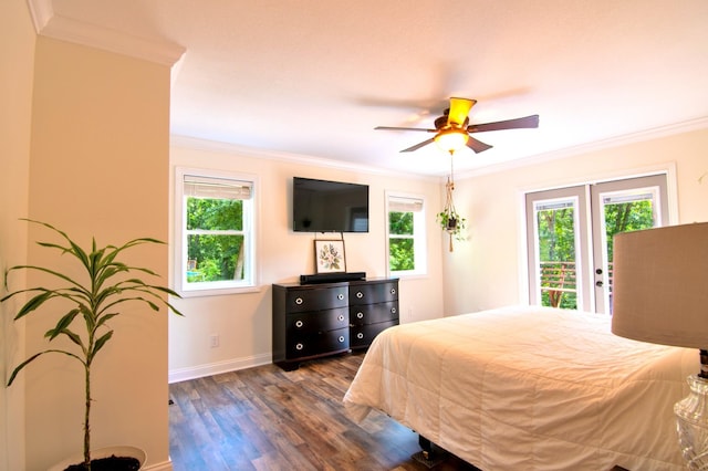 bedroom featuring dark hardwood / wood-style flooring, ornamental molding, access to outside, and ceiling fan