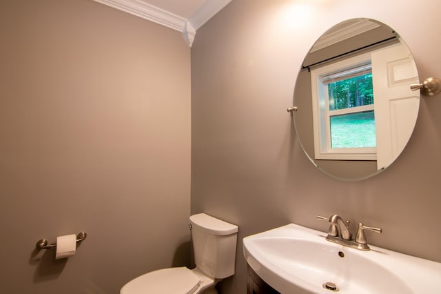 bathroom featuring ornamental molding, sink, and toilet