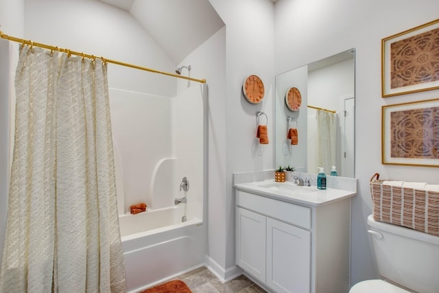 full bathroom with vaulted ceiling, vanity, shower / bath combo, and toilet