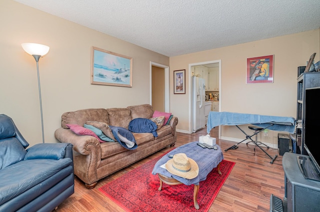 living room with a textured ceiling and hardwood / wood-style floors