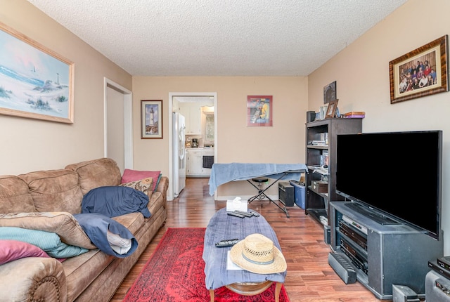 living room with a textured ceiling and hardwood / wood-style floors