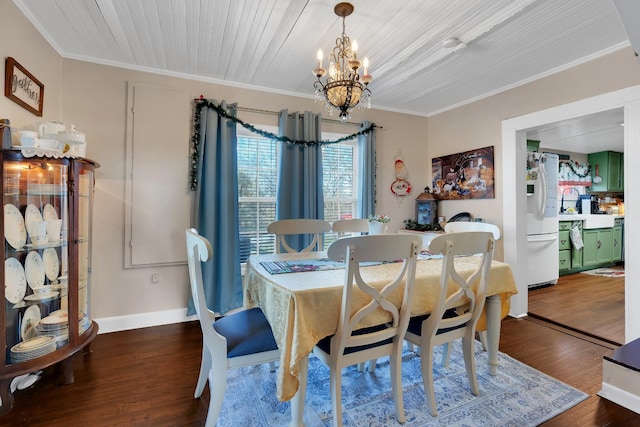 dining area featuring crown molding, wood ceiling, dark wood-type flooring, and a notable chandelier