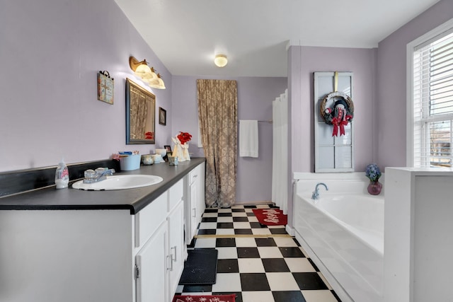 bathroom with shower with separate bathtub and vanity