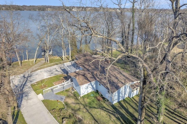 drone / aerial view with a water view