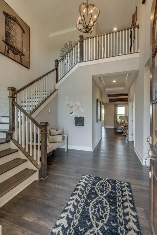 foyer entrance featuring a towering ceiling, dark hardwood / wood-style floors, and a notable chandelier