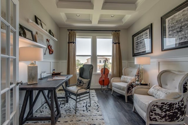 office featuring beamed ceiling, french doors, dark hardwood / wood-style floors, and coffered ceiling