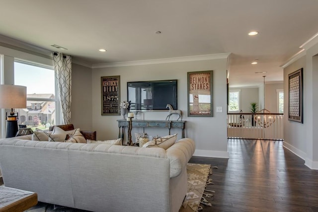 living room featuring a chandelier, crown molding, and dark wood-type flooring