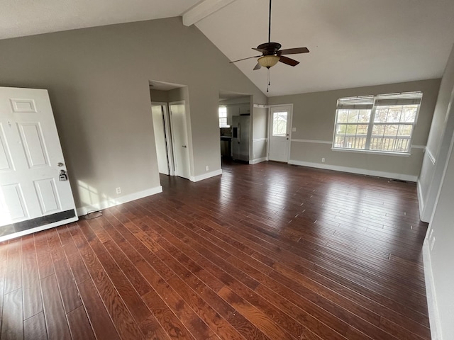 unfurnished living room with ceiling fan, beam ceiling, dark hardwood / wood-style flooring, and high vaulted ceiling