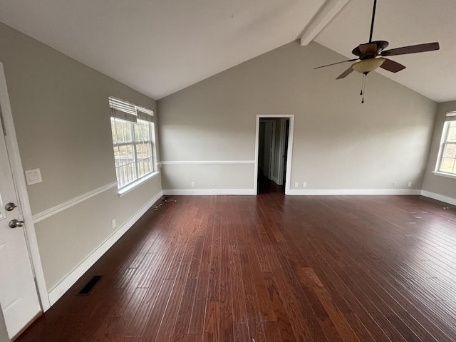 spare room featuring vaulted ceiling with beams, ceiling fan, and dark hardwood / wood-style floors