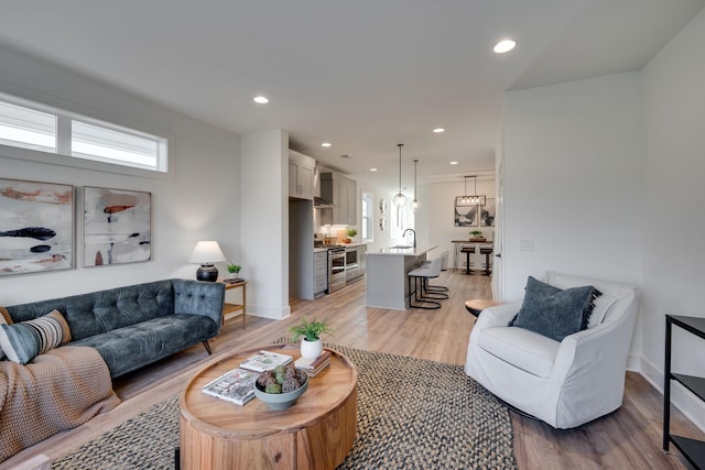 living room with sink and light hardwood / wood-style floors