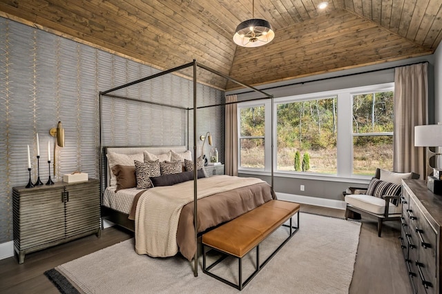 bedroom with hardwood / wood-style floors, lofted ceiling, and wooden ceiling