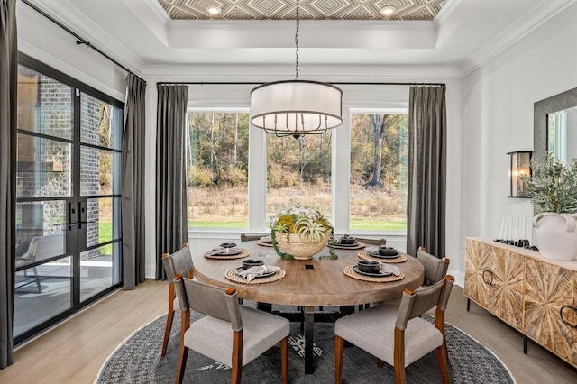 dining space with plenty of natural light, a tray ceiling, and light hardwood / wood-style flooring