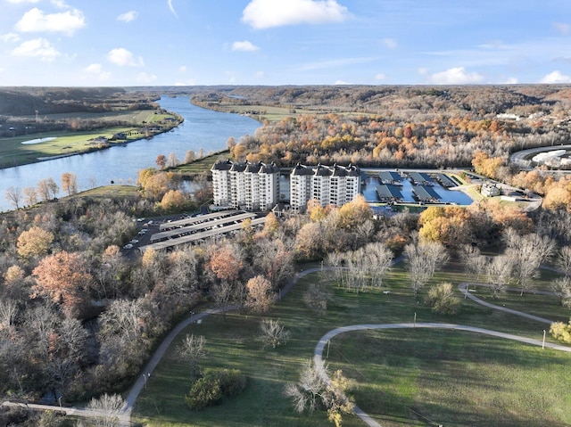 drone / aerial view featuring a water view