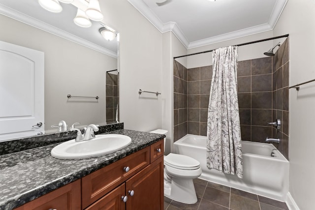 full bathroom with shower / tub combo, vanity, crown molding, tile patterned flooring, and toilet