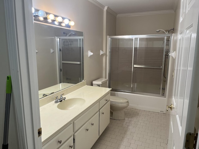 full bathroom featuring tile patterned flooring, vanity, enclosed tub / shower combo, and ornamental molding