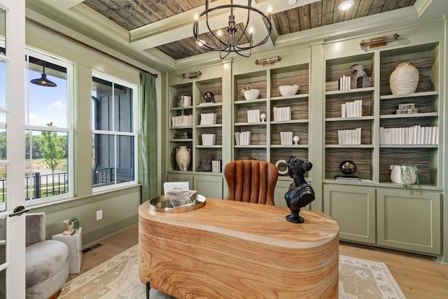 office area featuring crown molding, light hardwood / wood-style flooring, wooden ceiling, and an inviting chandelier