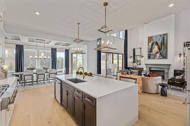 kitchen with stainless steel dishwasher, light wood-type flooring, sink, and an island with sink